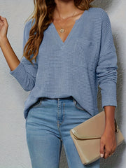 Casual Knit Top Women's Plus Solid Waffle Pattern Long Sleeve