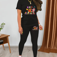Women's Plus Size Cartoon Santa Claus Tee & Leggings Outfit Set