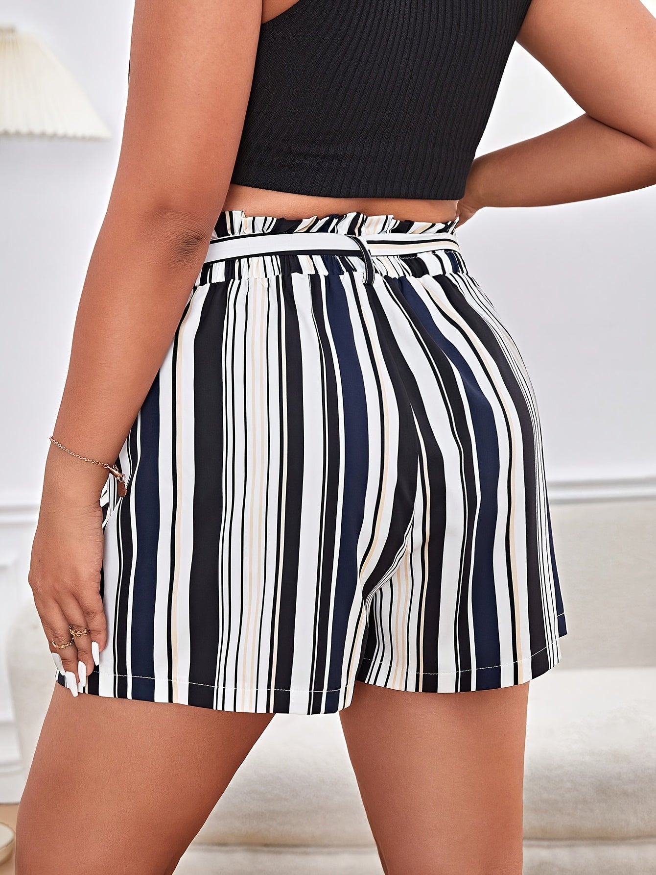 Women's Plus Stripe Print High Rise Shorts with Belt