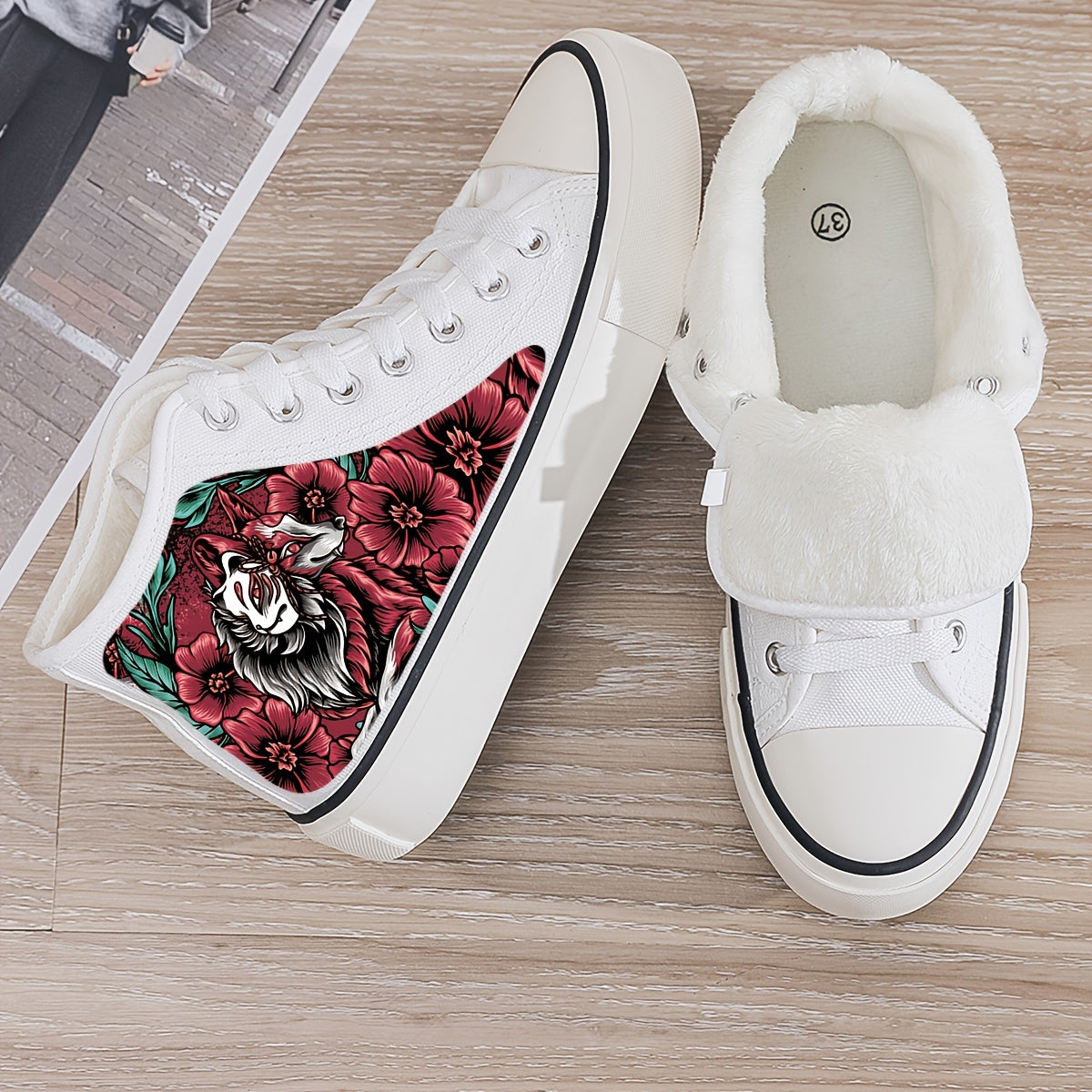 Flower Print Plush Lined Thermal Chunky Canvas Sneakers