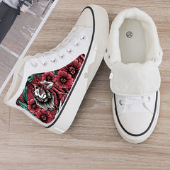 Flower Print Plush Lined Thermal Chunky Canvas Sneakers