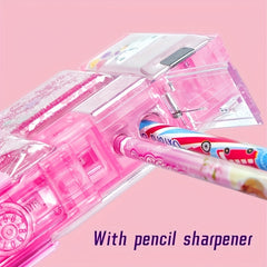Purple Sequin Quicksand Pencil Case with Rabbit Print Sharpener & Lock