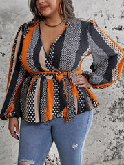 Colorblock Lantern Sleeve Wrap Top With Belt
