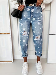 Star Print Ripped High Rise Tapered Leg Jeans