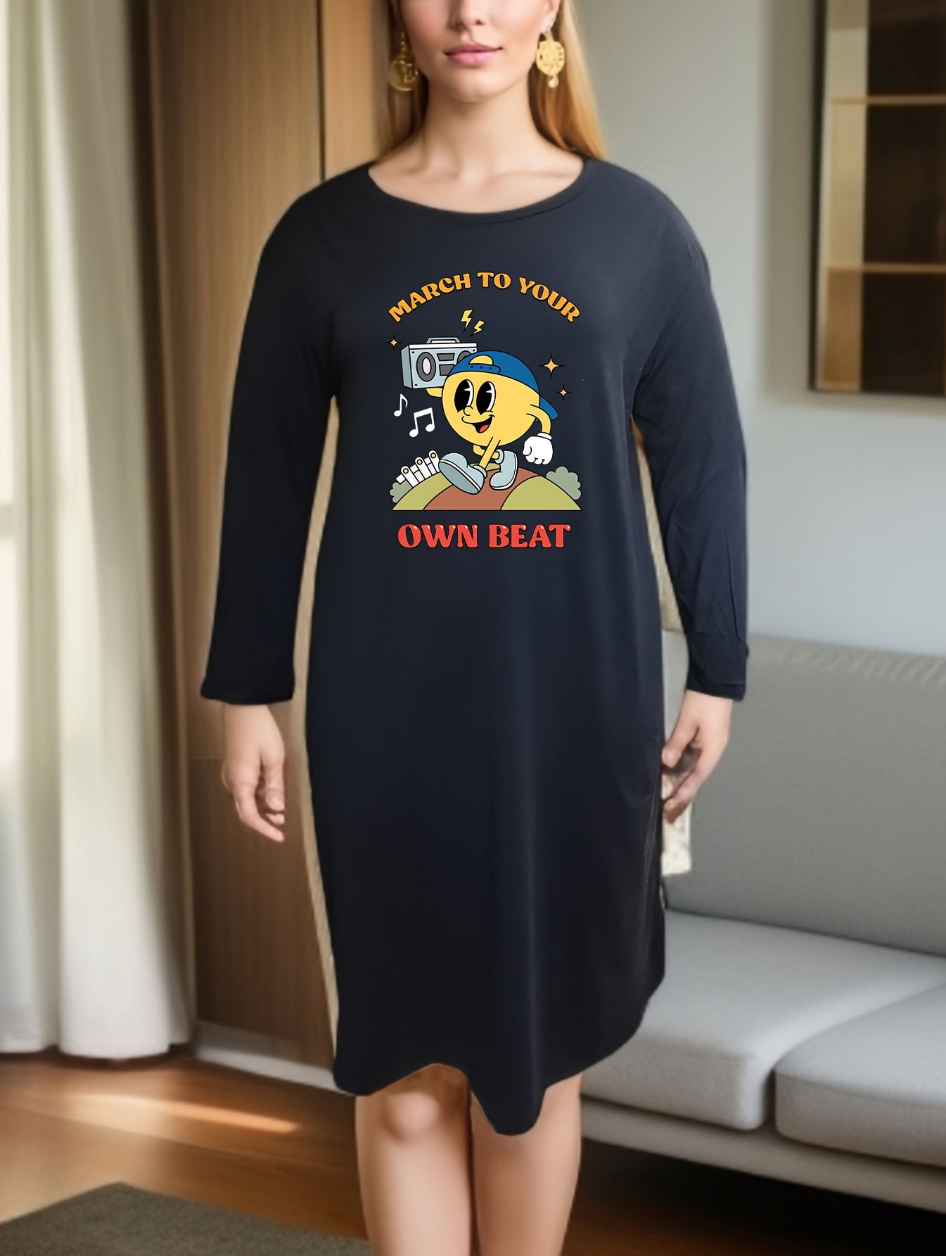 Lounge Dress Women's Plus Cartoon Graphic Long Sleeve Tee Dress