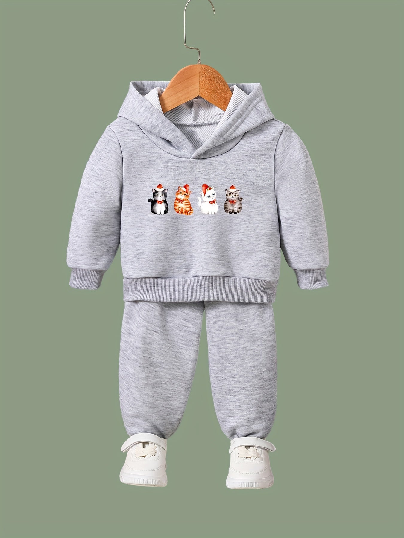 Girls Cartoon Cats Hooded Sweatshirt & Sweatpants Set Kids Clothes
