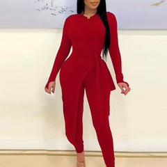 Solid Casual 2pc Set Asymmetrical Knotted Tops & High Waist Pants