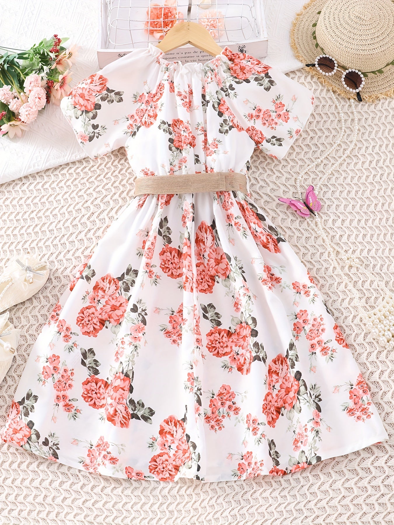 Girls Boho Floral Casual Dress With Belt V-Neck Flying Sleeve for Party