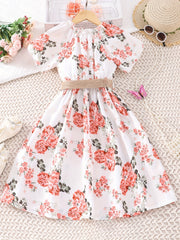 Girls Boho Floral Casual Dress With Belt V-Neck Flying Sleeve for Party