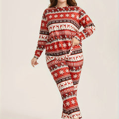 Christmas Casual Loungewear Set with Elk & Snowflake Print Tee & Pants