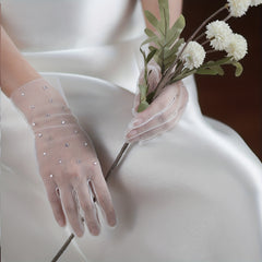 Short Mesh Gloves Inlaid Rhinestone Bridal Wedding Gloves