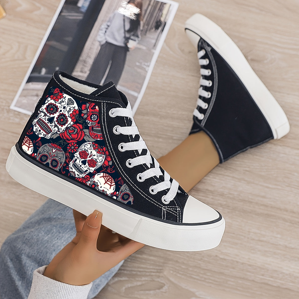 Skull Print Plush Lined High Top Canvas Sneakers
