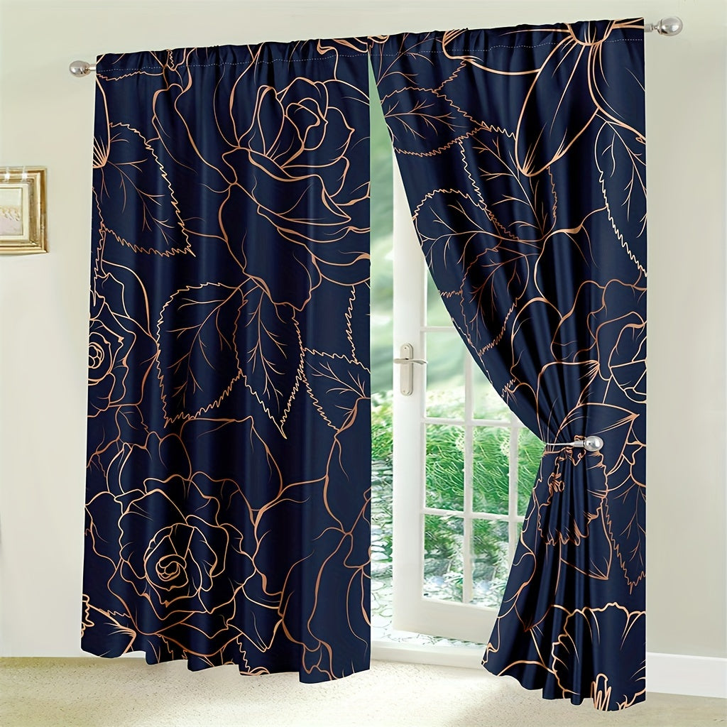 2pcs Golden Flowers and Leaves Floral Foliage Curtains for Home Decor