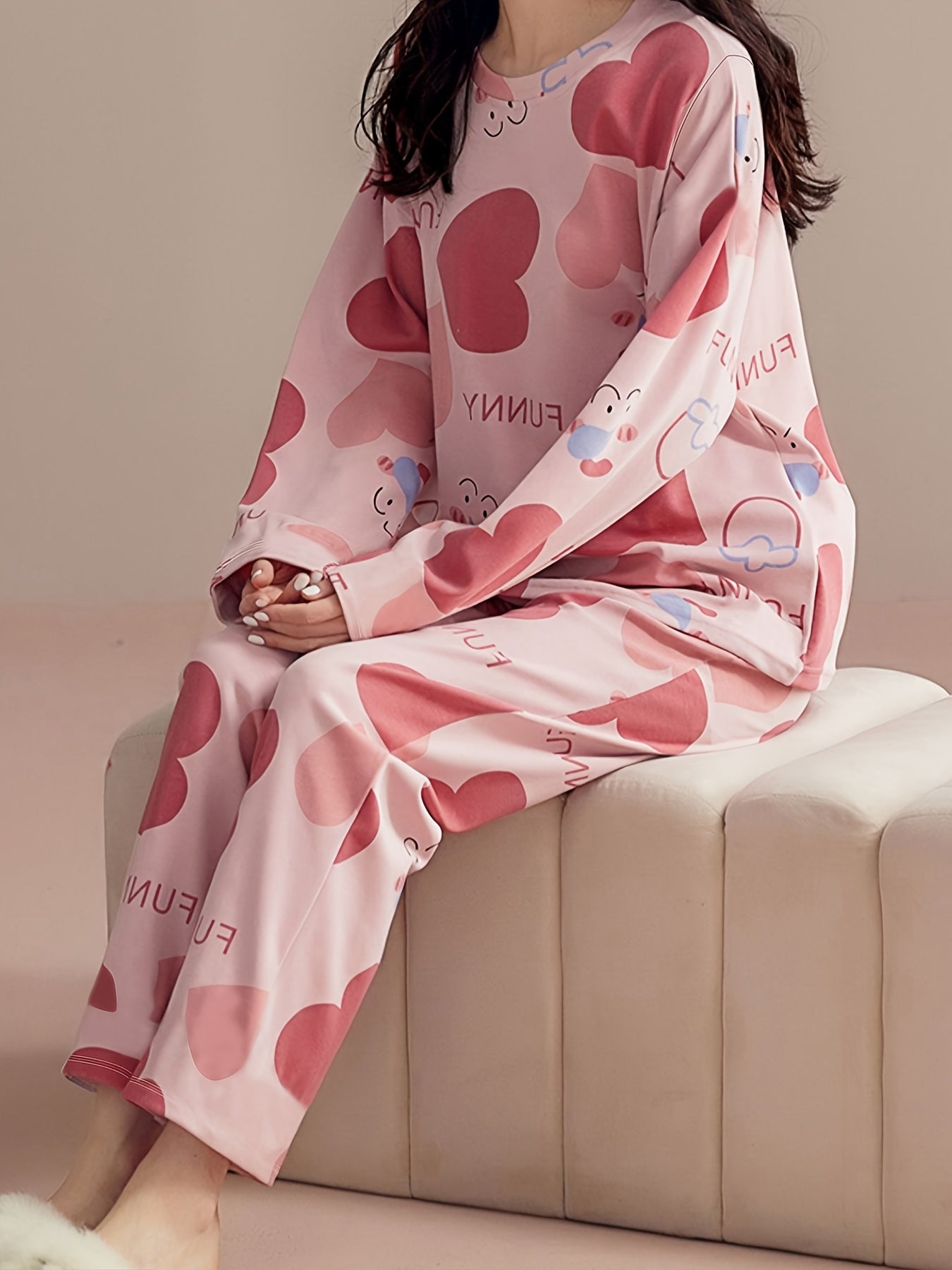 Heart Print Pajama Set Long Sleeve Crew Neck Top & Pants