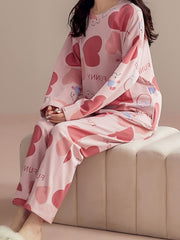 Heart Print Pajama Set Long Sleeve Crew Neck Top & Pants
