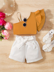 Girls Ruffled One Shoulder Top & Shorts Set for Holiday Party
