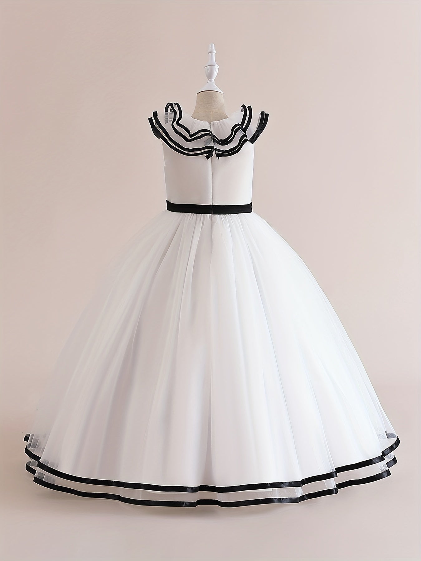 Girls Satin & Tulle Ruffle Collar Maxi Ball Gown