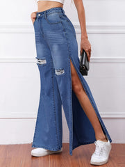 High Waist Distressed Split Jeans Slash Pockets
