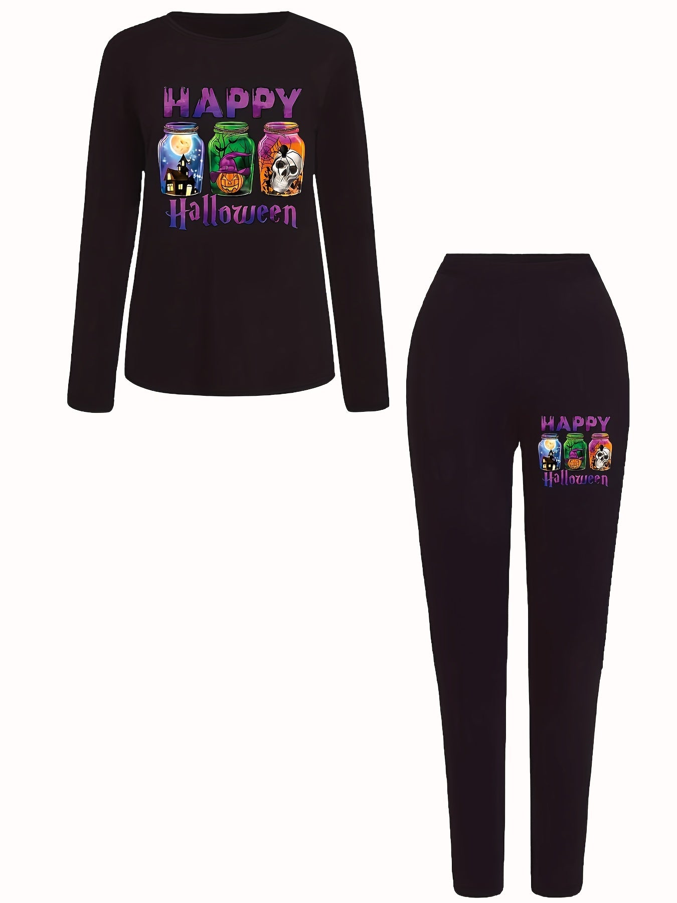 Halloween Print Two piece Set Casual Long Sleeve Tee & Skinny Pants