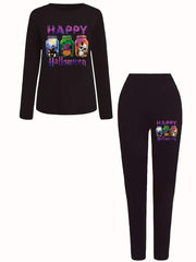 Halloween Print Two piece Set Casual Long Sleeve Tee & Skinny Pants