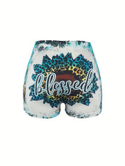 Letter & Sunflower Print Skinny Shorts Casual Shorts