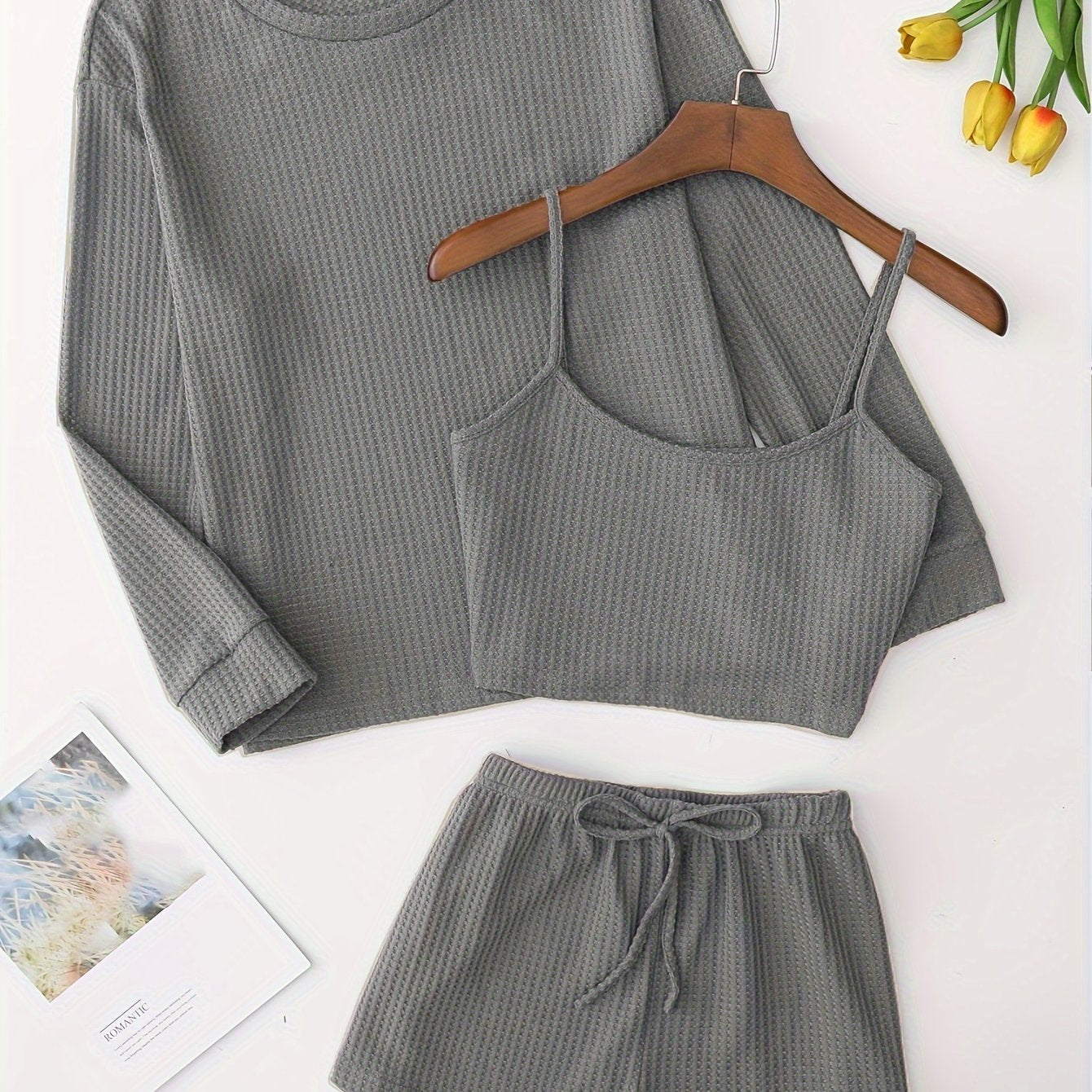 Solid Pajama Set Long Sleeve Top & Cami Top & Shorts