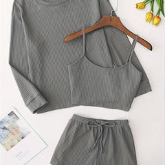 Solid Pajama Set Long Sleeve Top & Cami Top & Shorts