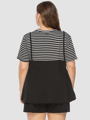 Colorblock Strip Print T-shirt & Shorts Set Plus Size Women's 2pcs Set