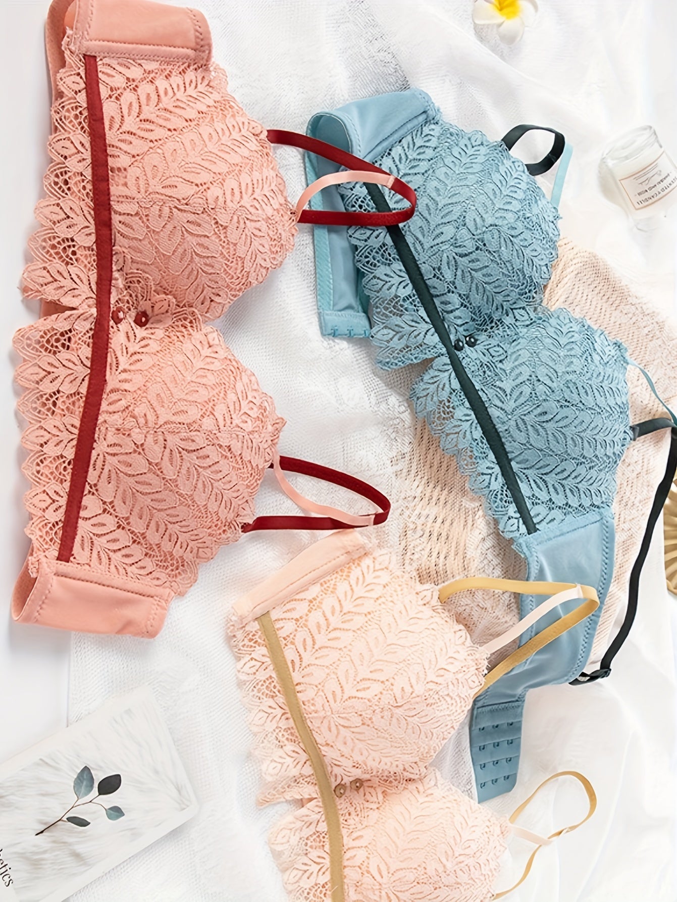 3pcs Lace Wireless Bras Push Up Comfortable & Breathable Women's Underwear