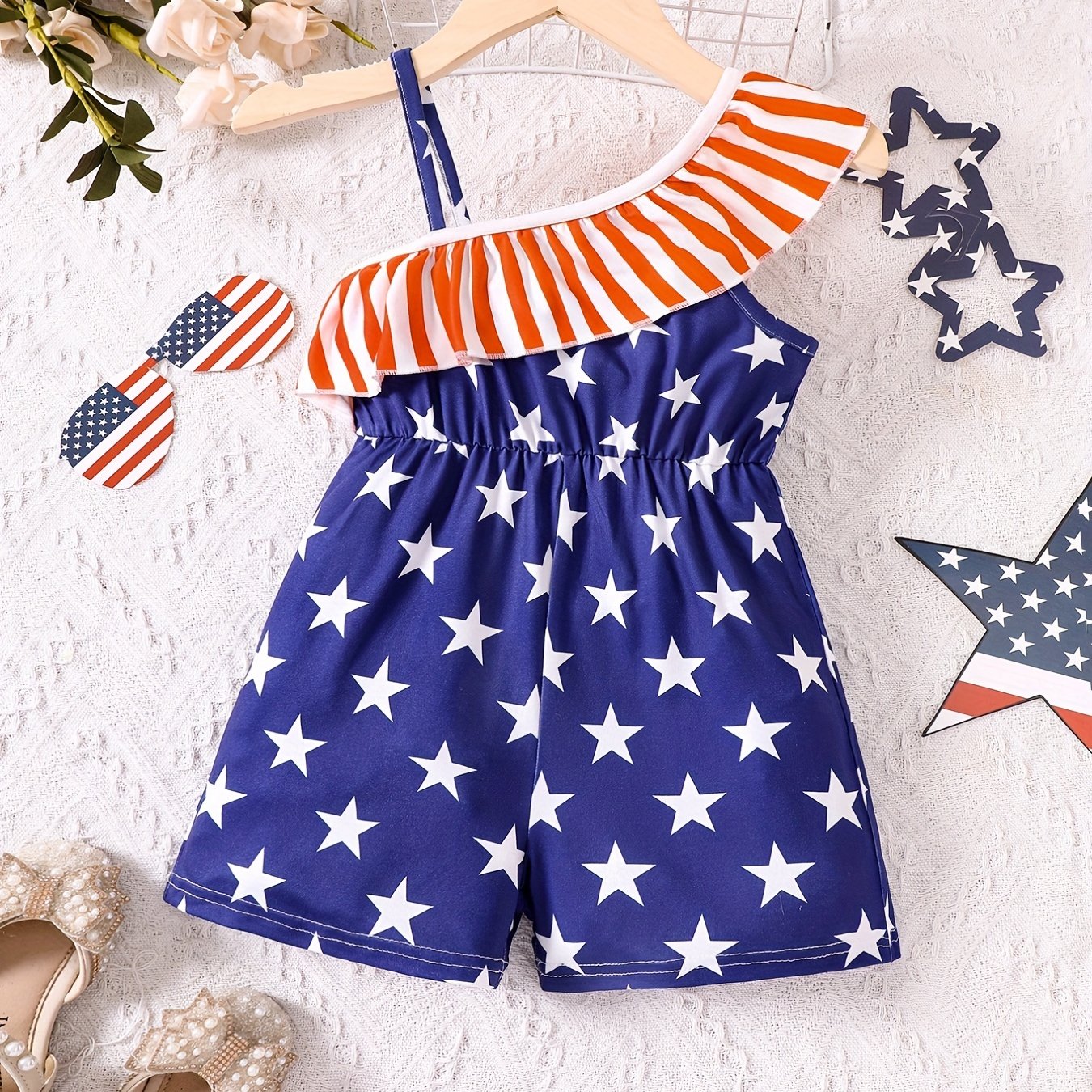 Girls Ruffle Trim Stars Rompers Jumpsuits - Summer Clothes