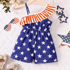 Girls Ruffle Trim Stars Rompers Jumpsuits - Summer Clothes