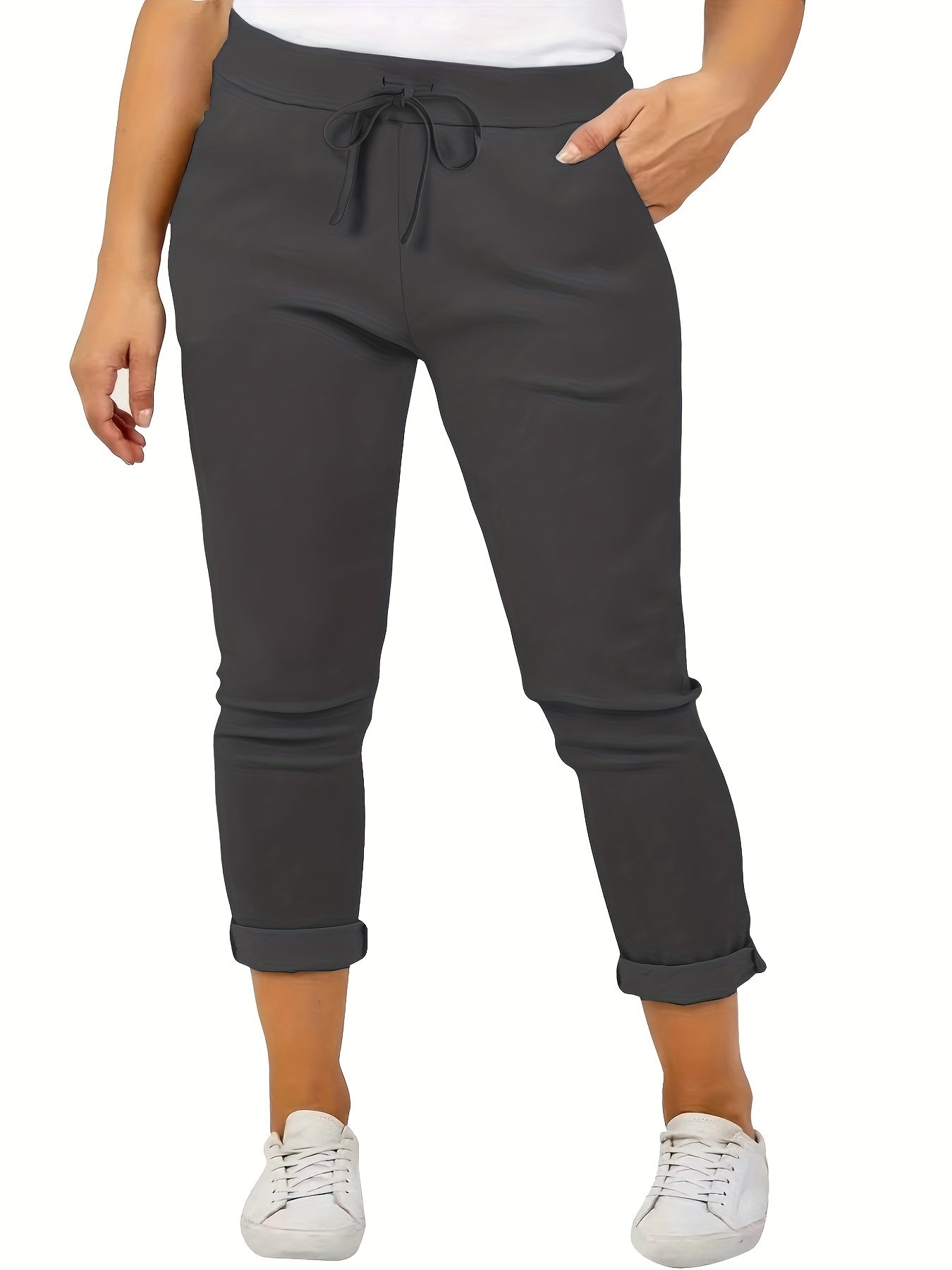 Solid Casual Drawstring Waist Pants