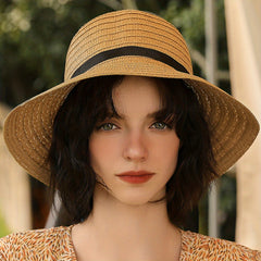Vintage Ribbon Bowknot Straw Bucket Hat for Women