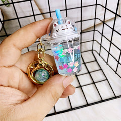 Quicksand Sakura Cat Milk Tea Cup Acrylic Keychain