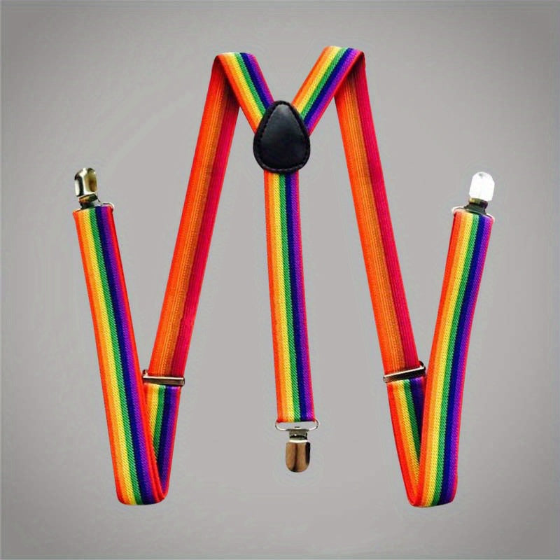 Men's Rainbow Elastic Suspenders Braces 3 Clips