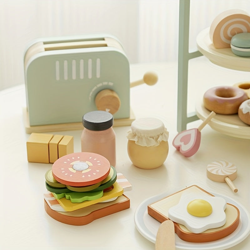 Wooden Play Kitchen Set for Girls Cooking Appliances & Dessert Display