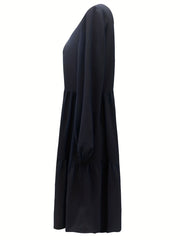 Tiered Solid Dress Casual Crew Neck Lantern Sleeve Dress