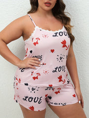 Flower & Letter Print Lace Cami Top & Shorts Pajama Set