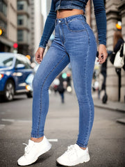 Stretchy Whiskering Skinny Jeans Medium High Rise Slash Pocket Denim Pants
