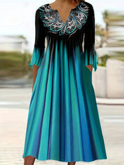 Women's Plus Floral Print Ombre Bell Sleeve Midi Dress