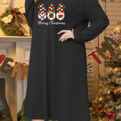 Christmas Gnomes Print Long Sleeve Round Neck Sleep Dress