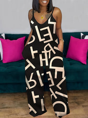 Casual Jumpsuit Women's Plus Letter Print V Neck Cami Jumpsuit