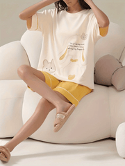 Bunny Print Pajamas Set Crew Neck Top And Shorts Pj Set Women's Sleepwear