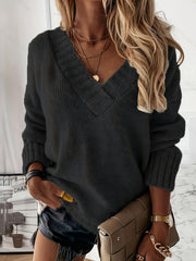 V Neck Sweater Solid Knitted Long Sleeve Pullover Jumper