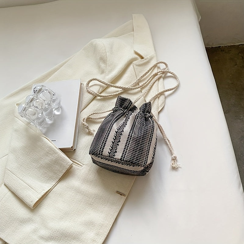 Girls Canvas Diagonal Shoulder Bag Drawstring Strap Mini Storage Bag