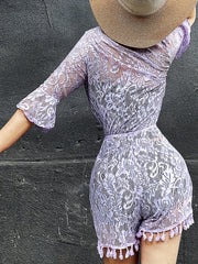 Lace Tassel Trim Purple Cover Up Playsuit V Neck Bell Sleeve