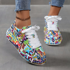 Graffiti Pattern Platform Skate Shoes Faux Leather Lace Up Sneakers