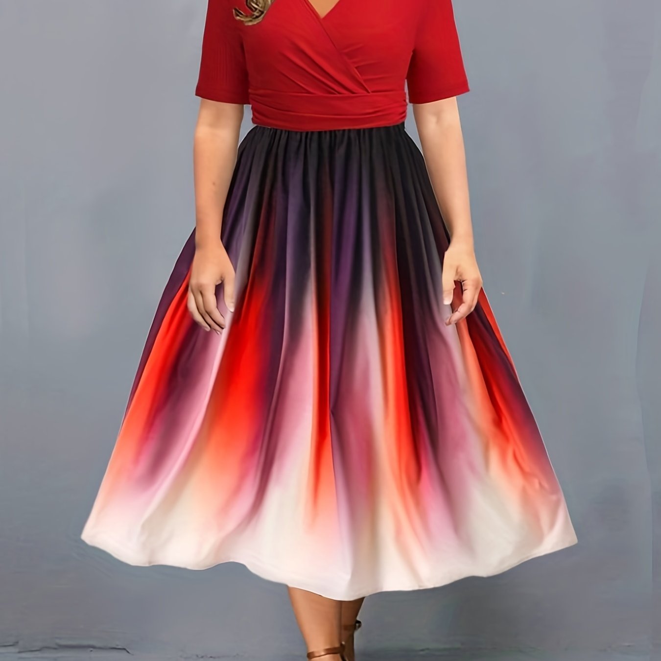 Ombre Print Surplice Neck Ruched Dress