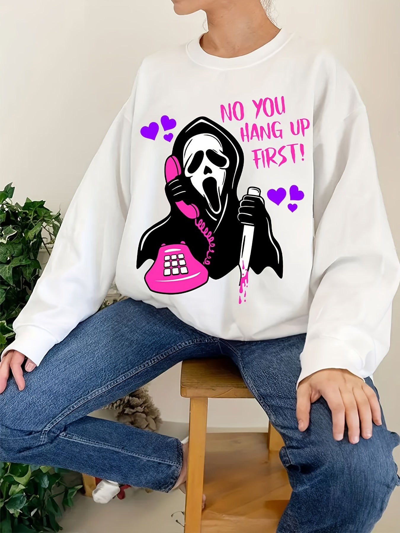 Halloween Ghost Call Print Loose Sweatshirt Women's Clothing