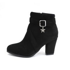 Women's Star Buckle Ankle Boots Block High Heels Round Toe